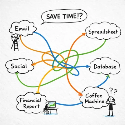 A hand-drawn, messy scribble of an exaggerated AI automation workflow with confusing connections, illustrating business owner frustration.